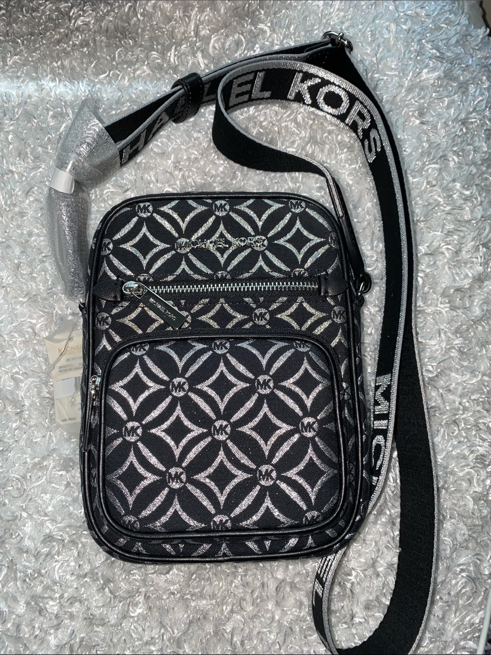 Michael Kors Black and Silver Logo Messenger Crossbody